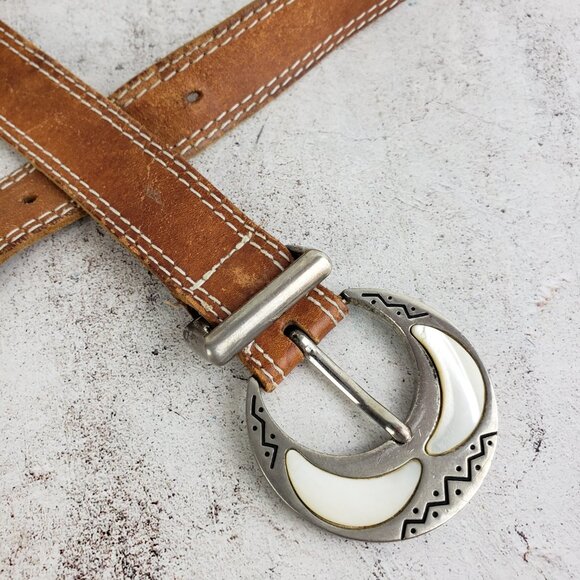 Vintage Genuine Leather Belt tan Brown Art Deco Bohemian Ethnic Western size L - Picture 3 of 8